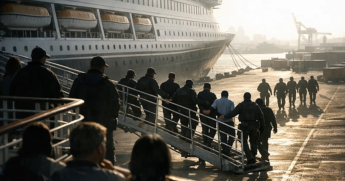 Silhouettes of uniformed workers being escorted off a cruise ship by enforcement agents at a port terminal