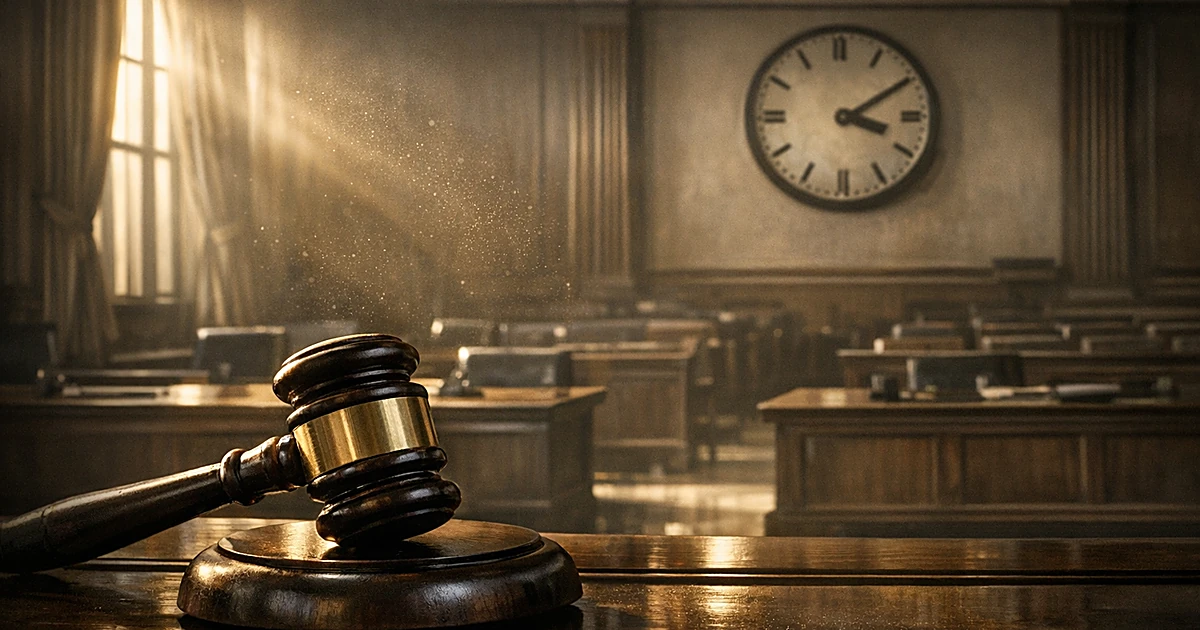 Empty courtroom with gavel in foreground, sunlight streaming through windows casting dramatic shadows