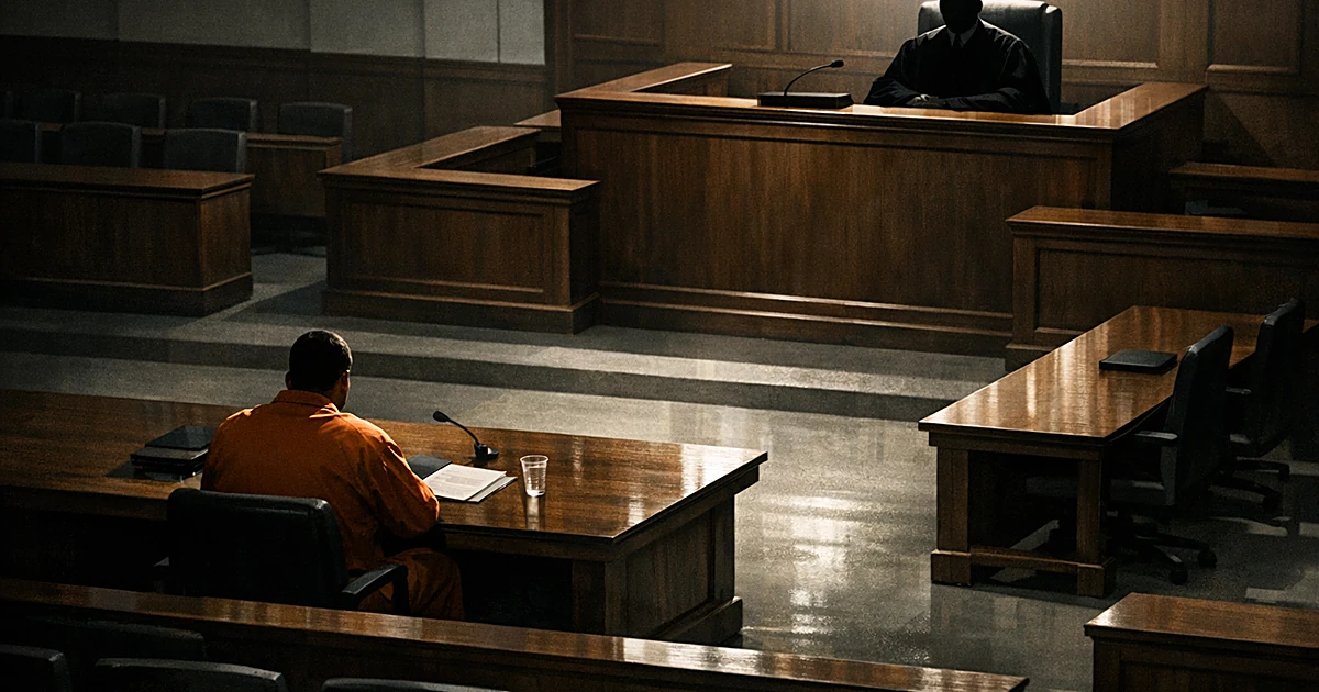 Courtroom scene showing defendant in orange jumpsuit from behind facing judge's bench in shadowy, austere setting