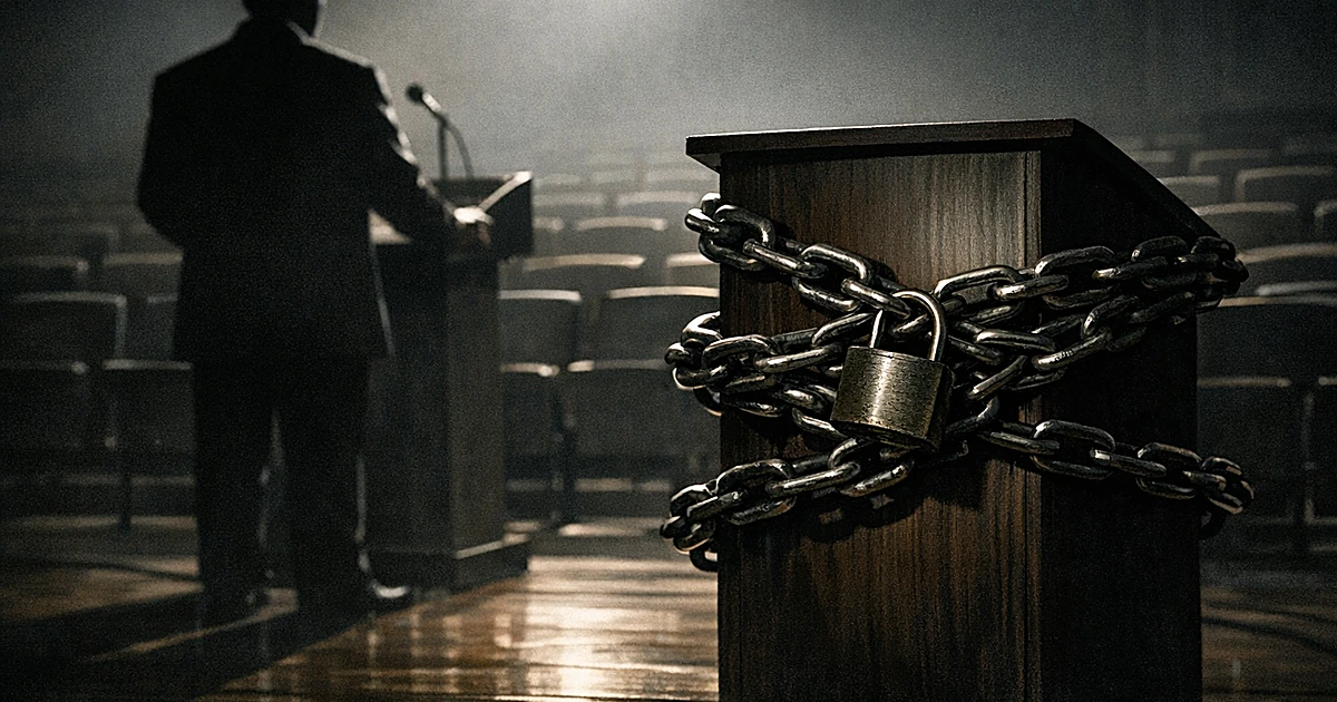 Silhouetted professor at chained podium in empty lecture hall with dramatic lighting casting shadows