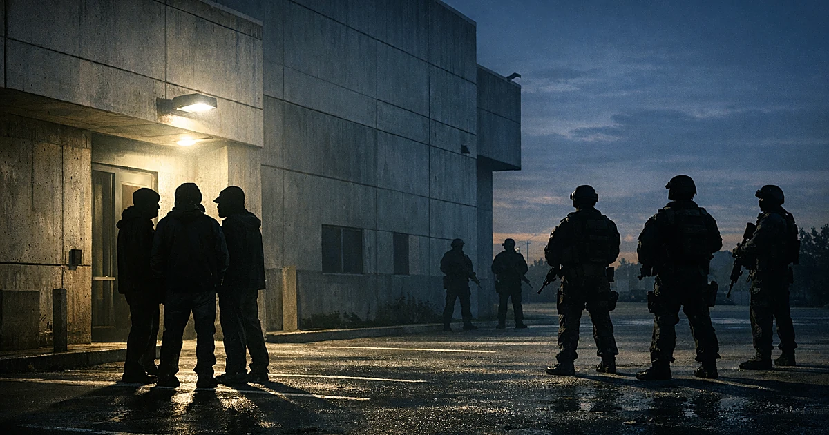 Silhouetted protesters face tactical personnel outside institutional building under harsh security lighting