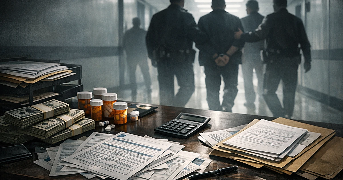 Overhead view of desk with medical documents and cash, silhouetted figures walking through institutional hallway