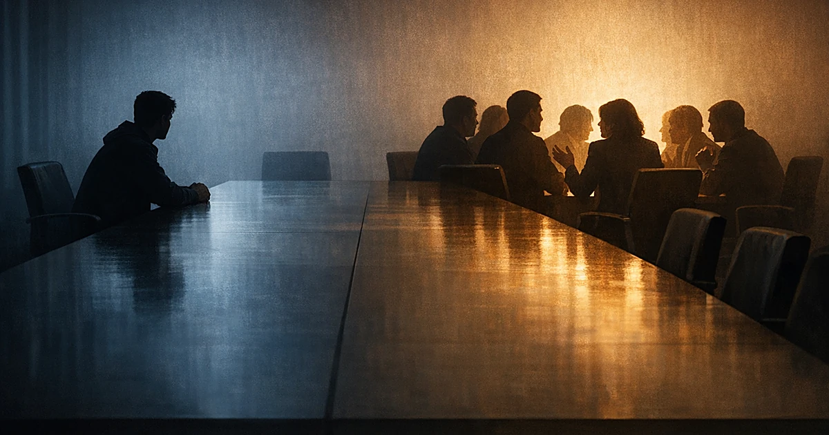 Silhouette of isolated young man separated from group across conference table in divided lighting