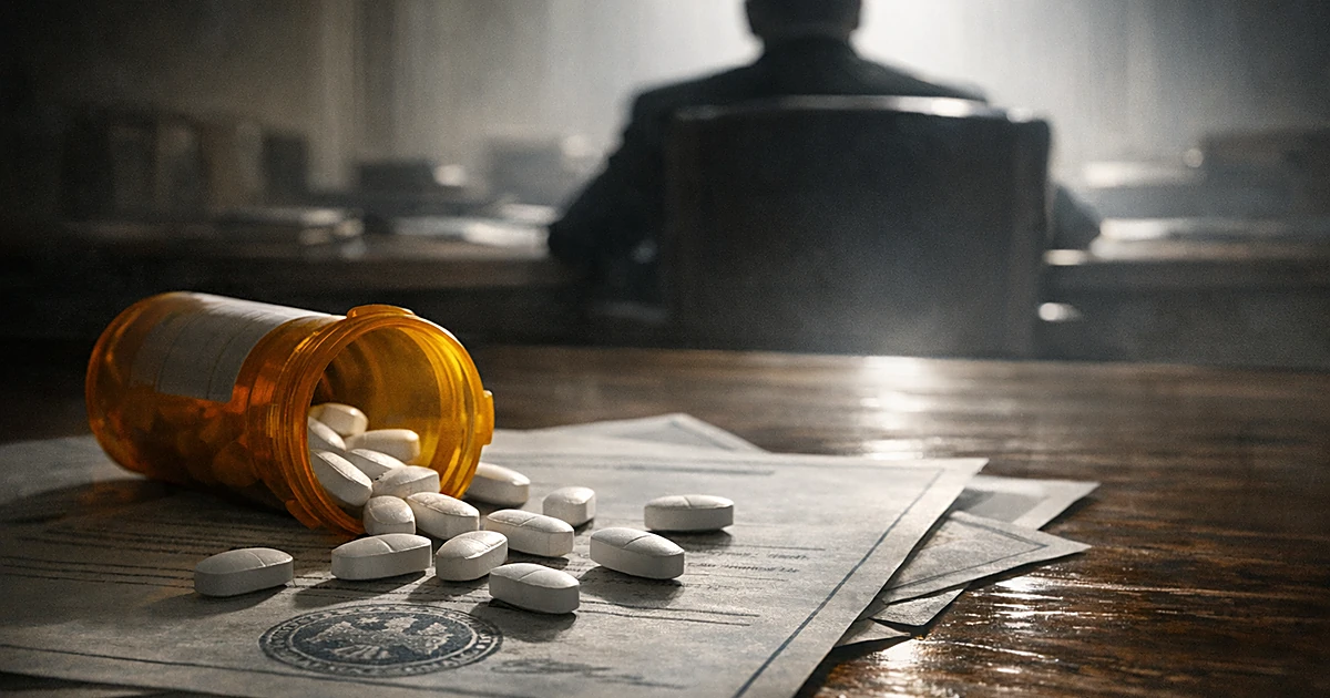 Prescription pills scattered on documents with silhouetted figure at desk in dramatic lighting