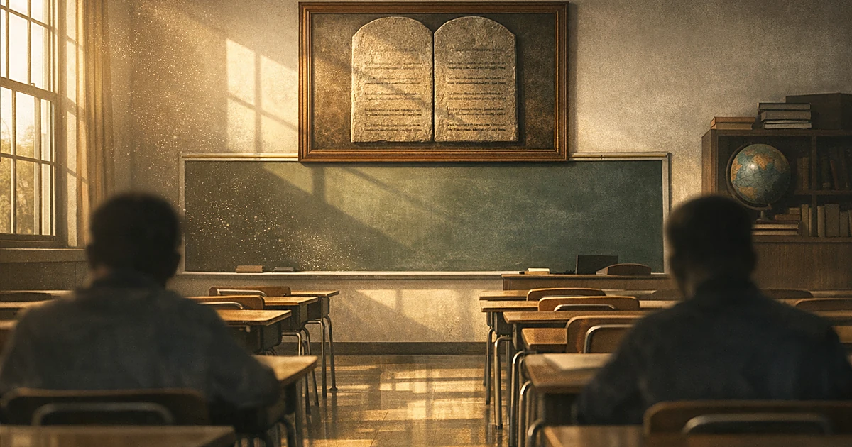 Empty Texas classroom with desks facing wall where large framed poster hangs above chalkboard in afternoon light