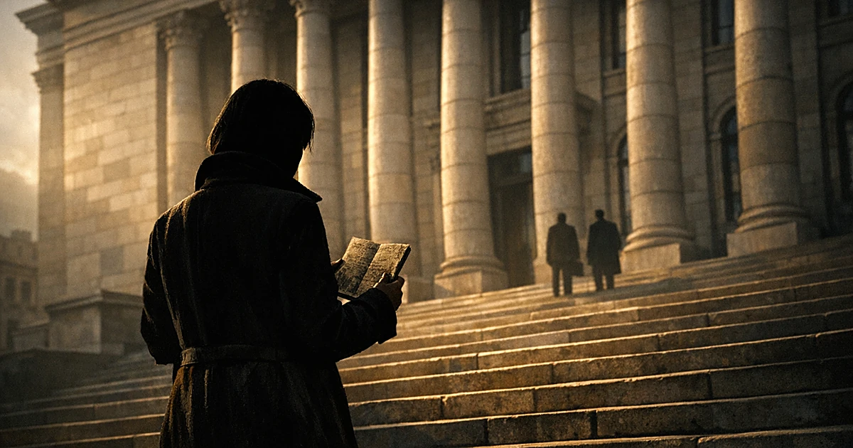 Silhouetted person holding pamphlet stands before grand European courthouse with dramatic lighting and columns