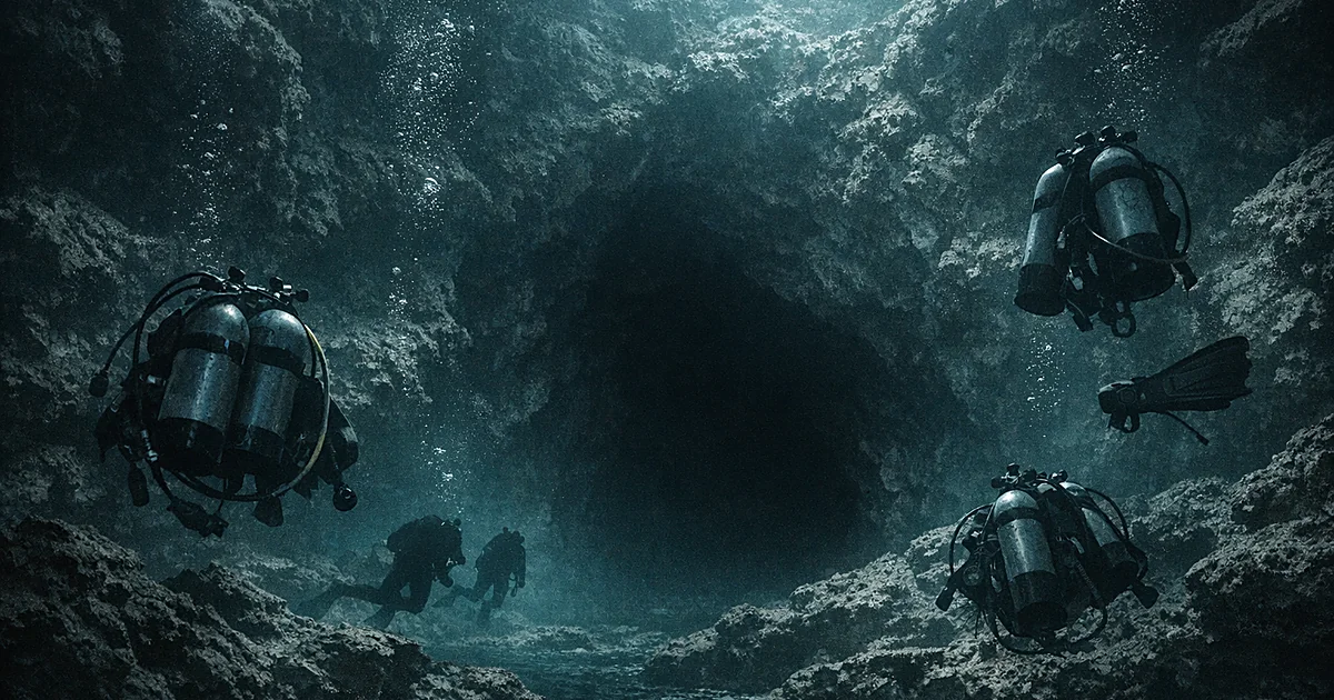 Underwater cave entrance at deep depth with abandoned scuba equipment floating in dark blue water