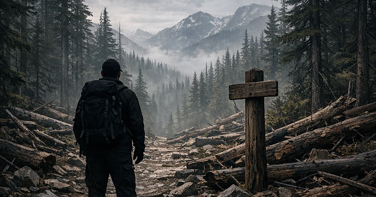 Lone hiker silhouette facing dense forest trail with fallen timber and misty mountains in background