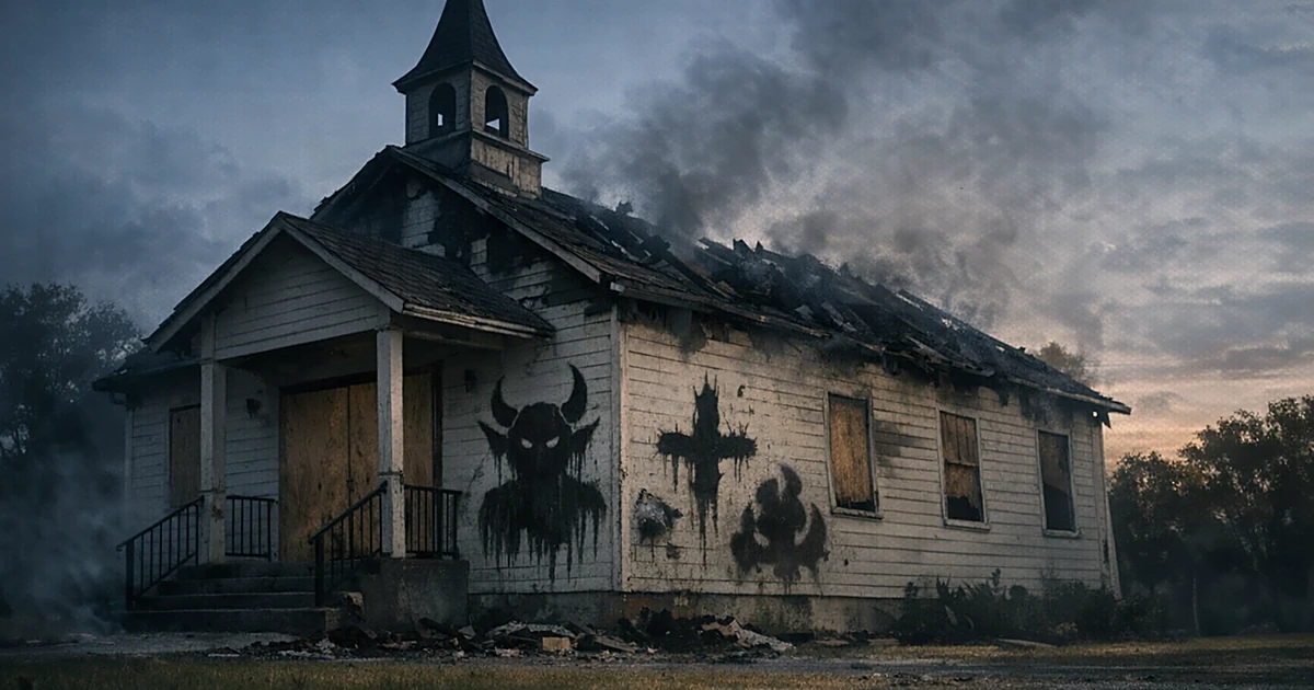 Fire-damaged church building with vandalized walls and charred roof in dim light