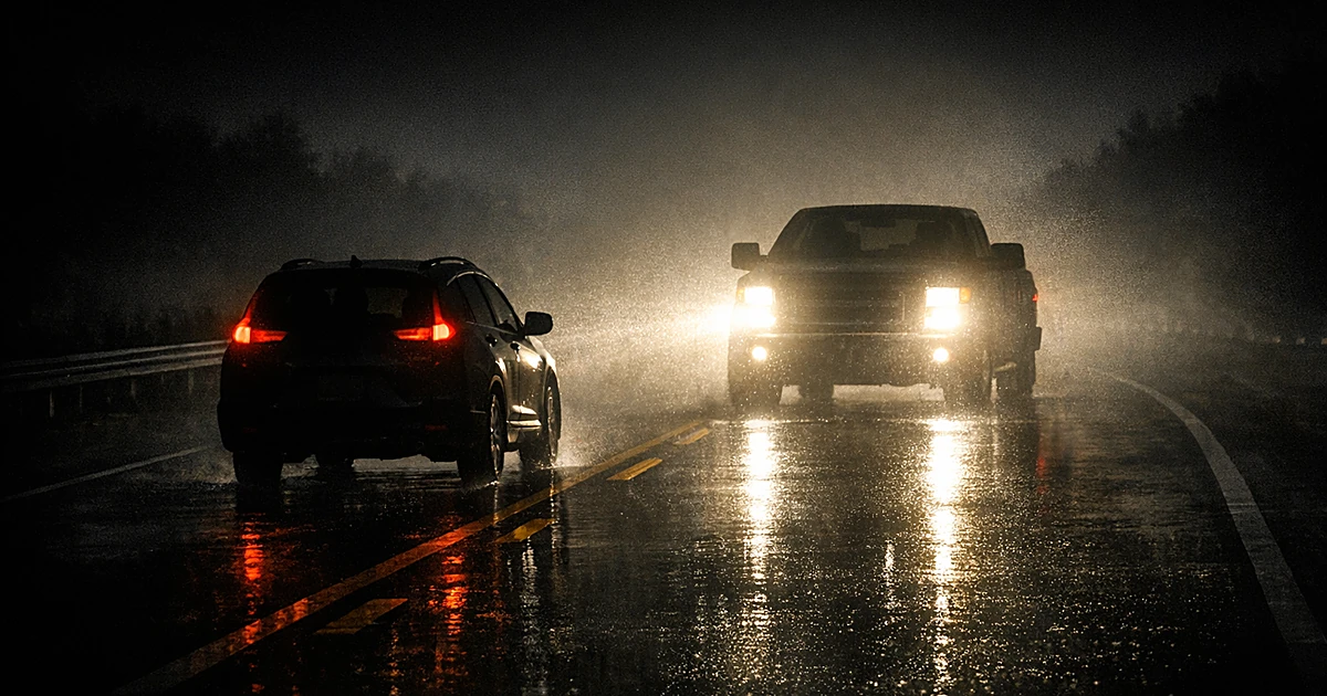 Two vehicles with headlights facing each other in same highway lane at night showing wrong-way driving collision