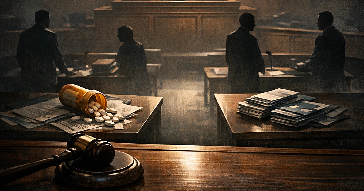 Courtroom scene with empty judge's bench, silhouetted attorneys, and pill bottle with scattered medications on legal table