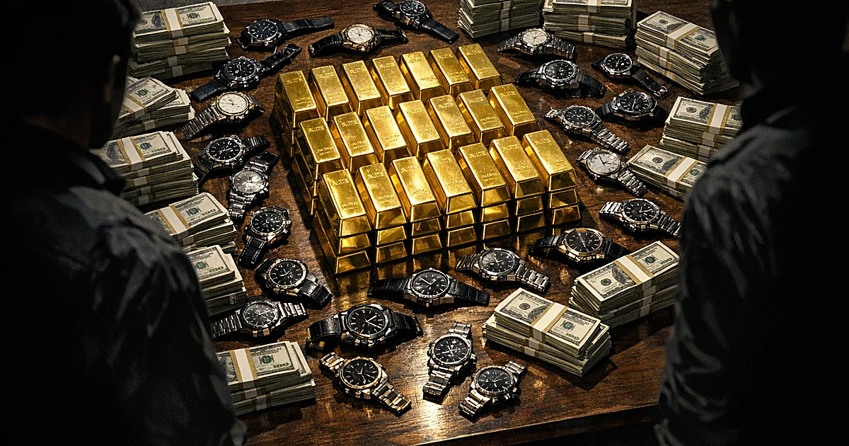 Overhead view of gold bars stacked on table surrounded by luxury watches and cash bundles in dramatic lighting