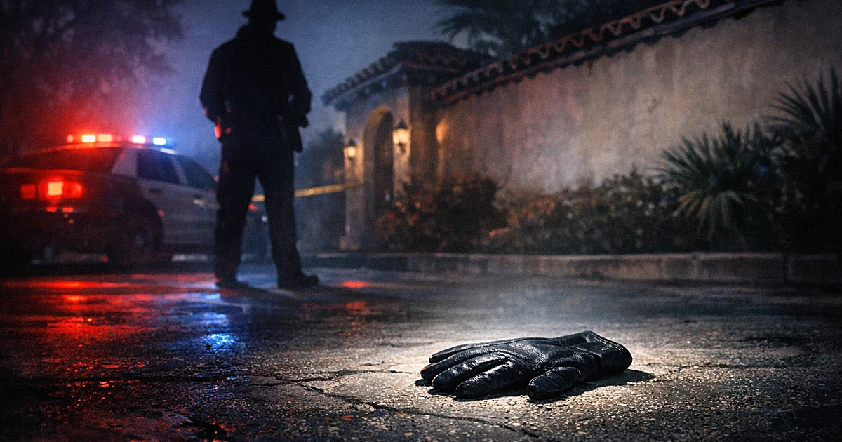 A leather glove on pavement under police lights near an estate wall with detective silhouette in background