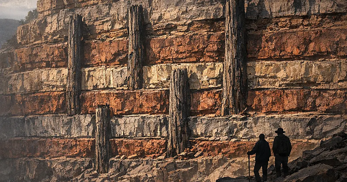 Fossilized tree trunks standing vertically through multiple horizontal layers of sedimentary rock strata