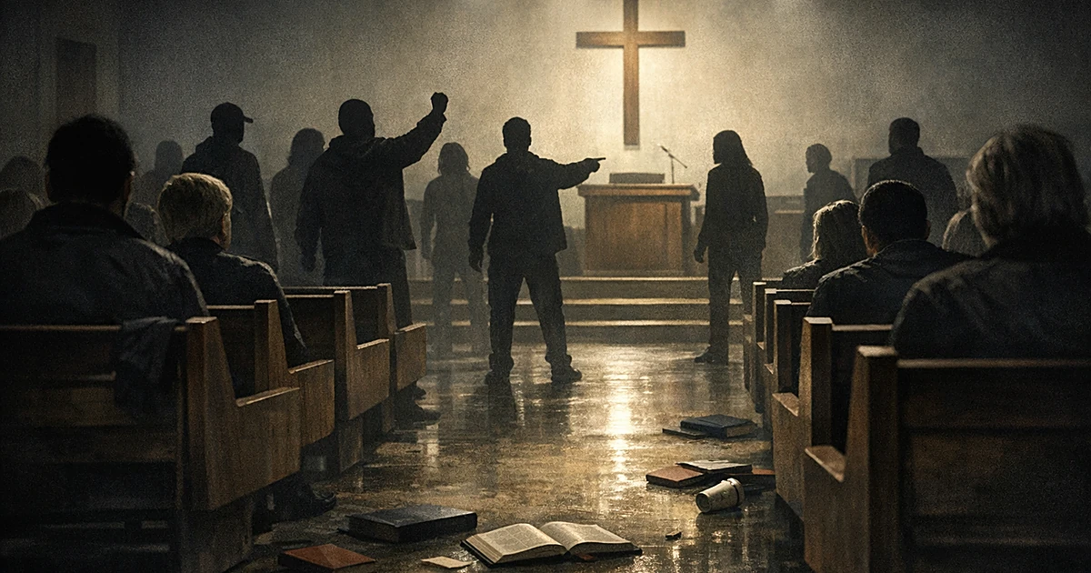 Silhouetted figures in tense standoff inside church sanctuary with scattered hymnals and tipped microphone stand