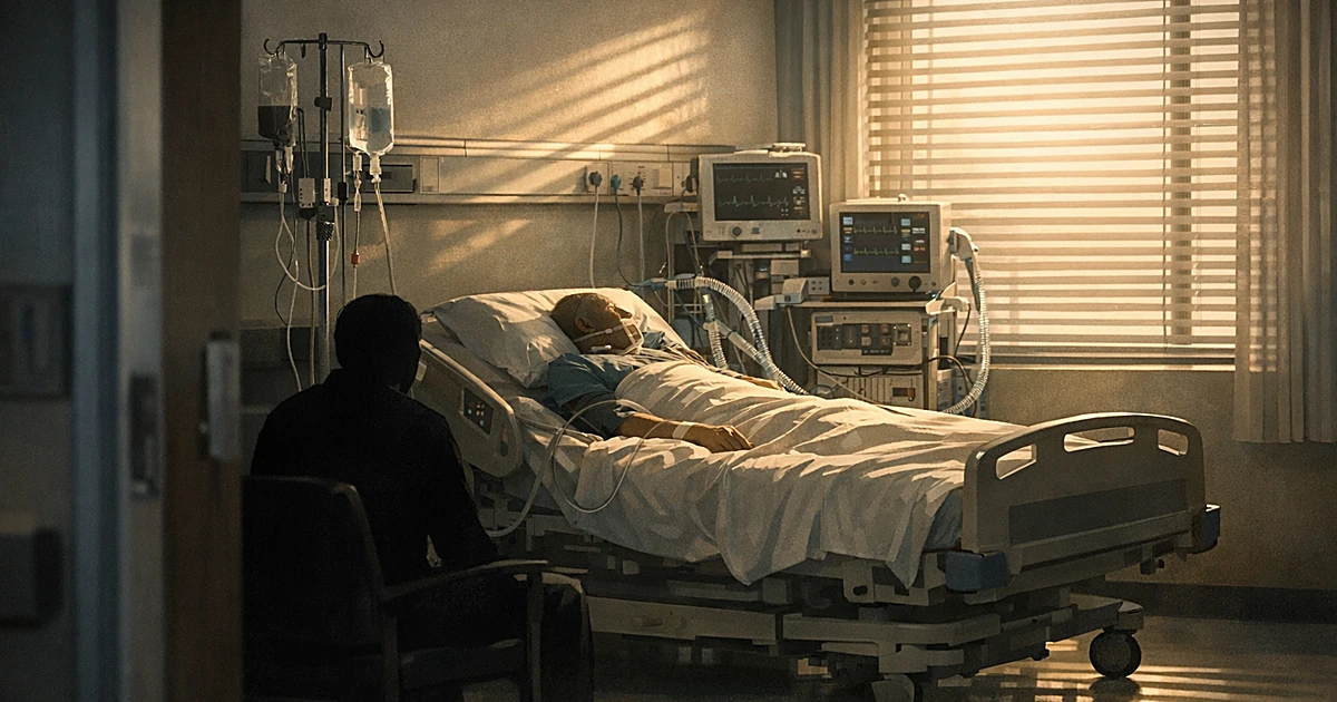 Hospital room with medical equipment, occupied bed, and silhouetted visitor seated beside patient in afternoon light