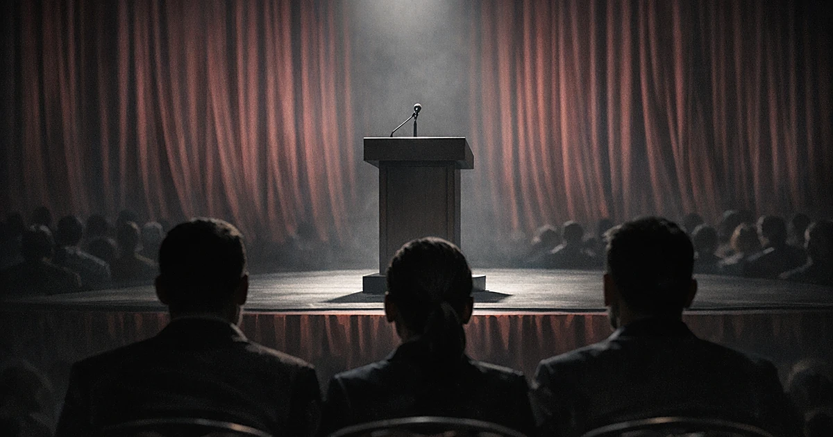 Empty podium on stage with silhouetted figures seated from behind, red curtains, spotlight creating dramatic atmosphere