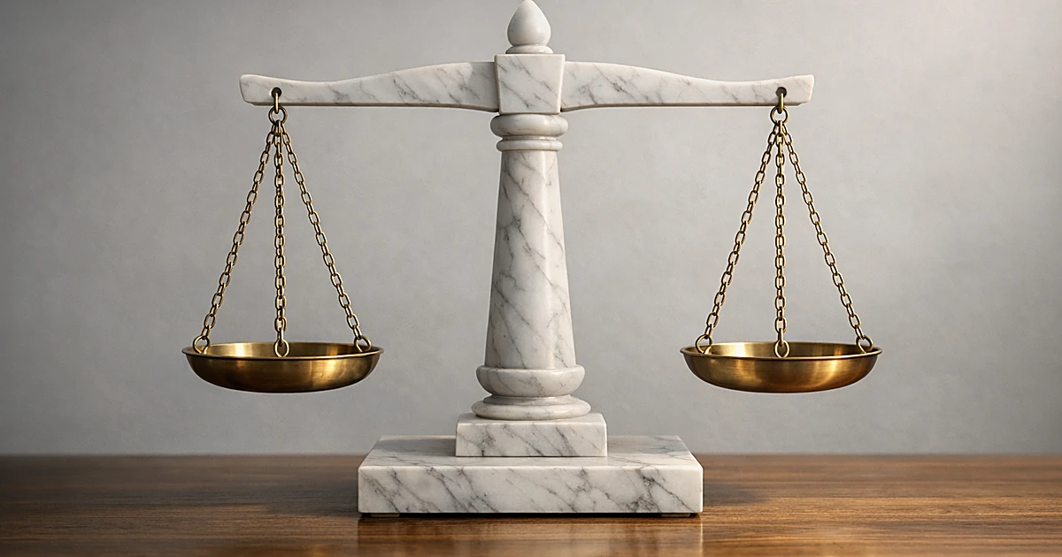 Abstract marble balance scale symbolizing justice on neutral background