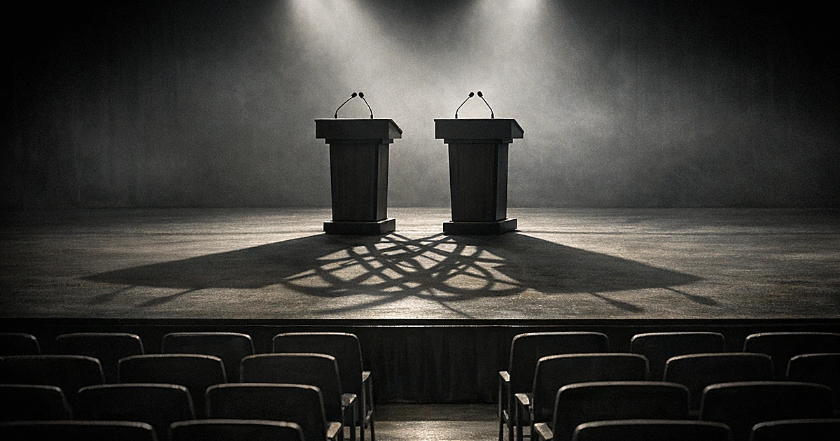 Two empty podiums on stage casting overlapping shadows with empty audience chairs in dim lighting