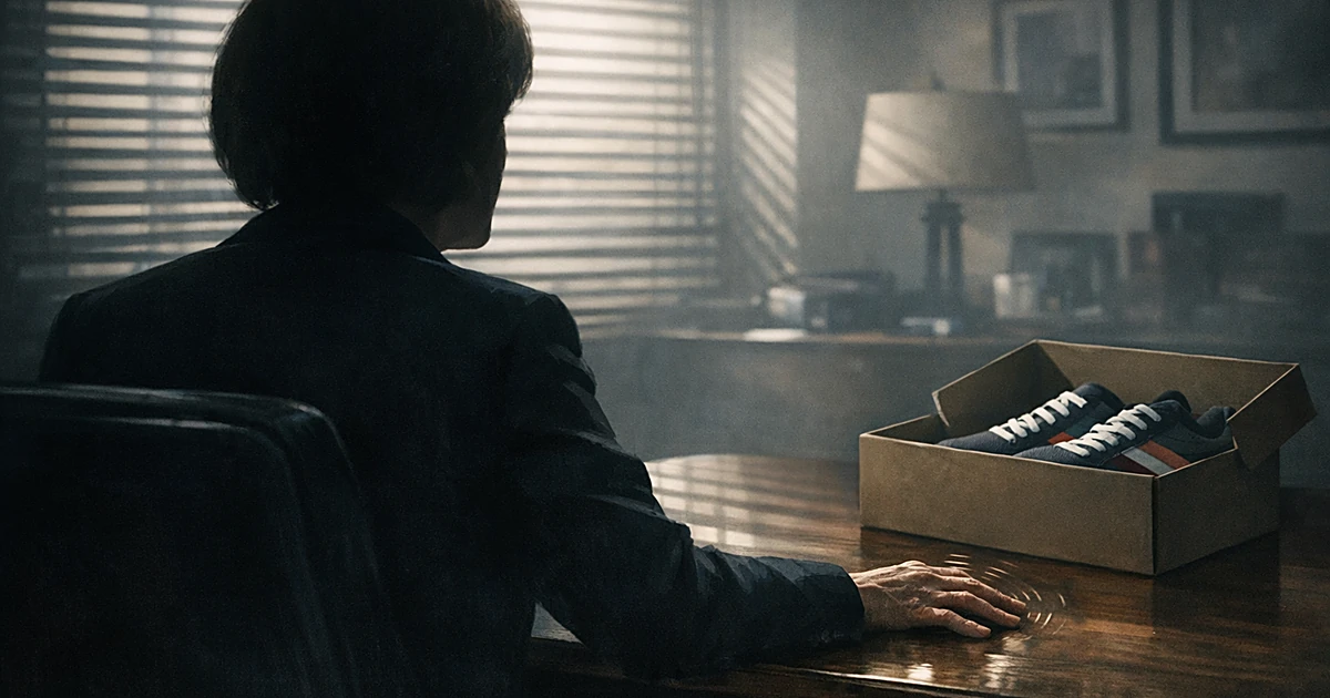 Silhouetted figure at desk with trembling hand, sneakers in box nearby, venetian blind shadows across room