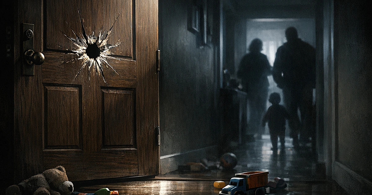 Interior view of residential front door with bullet hole, toys on floor, silhouettes of people in background hallway