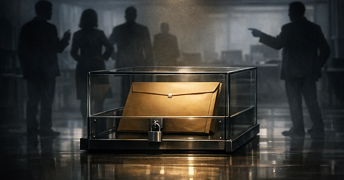 Locked document in glass case with silhouetted figures standing at distance gesturing toward it in dim office