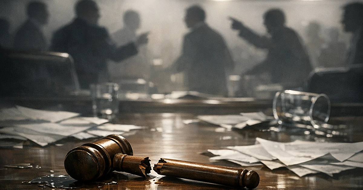 Broken gavel on legislative desk with scattered papers and silhouetted figures arguing in background