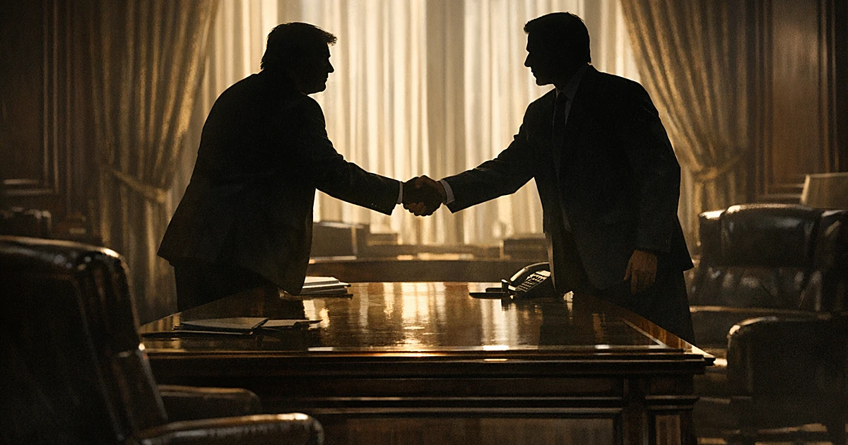 Two silhouetted figures shake hands across a desk in a formal office, symbolizing political reconciliation