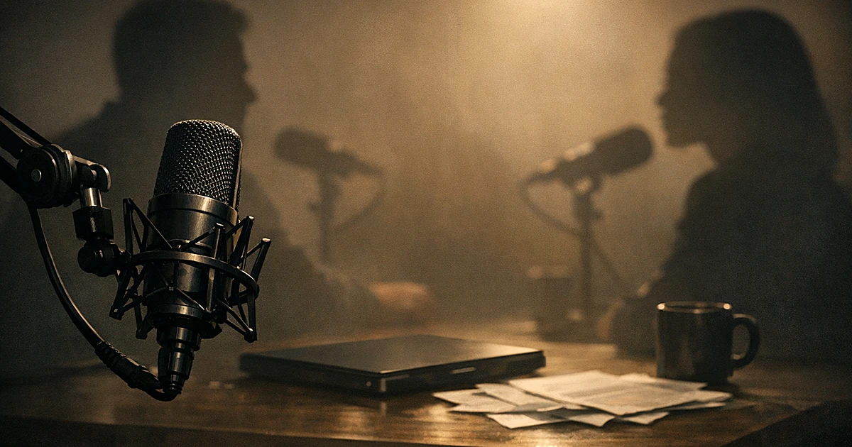 Two silhouetted figures in podcast interview setup with microphone and laptop on table between them