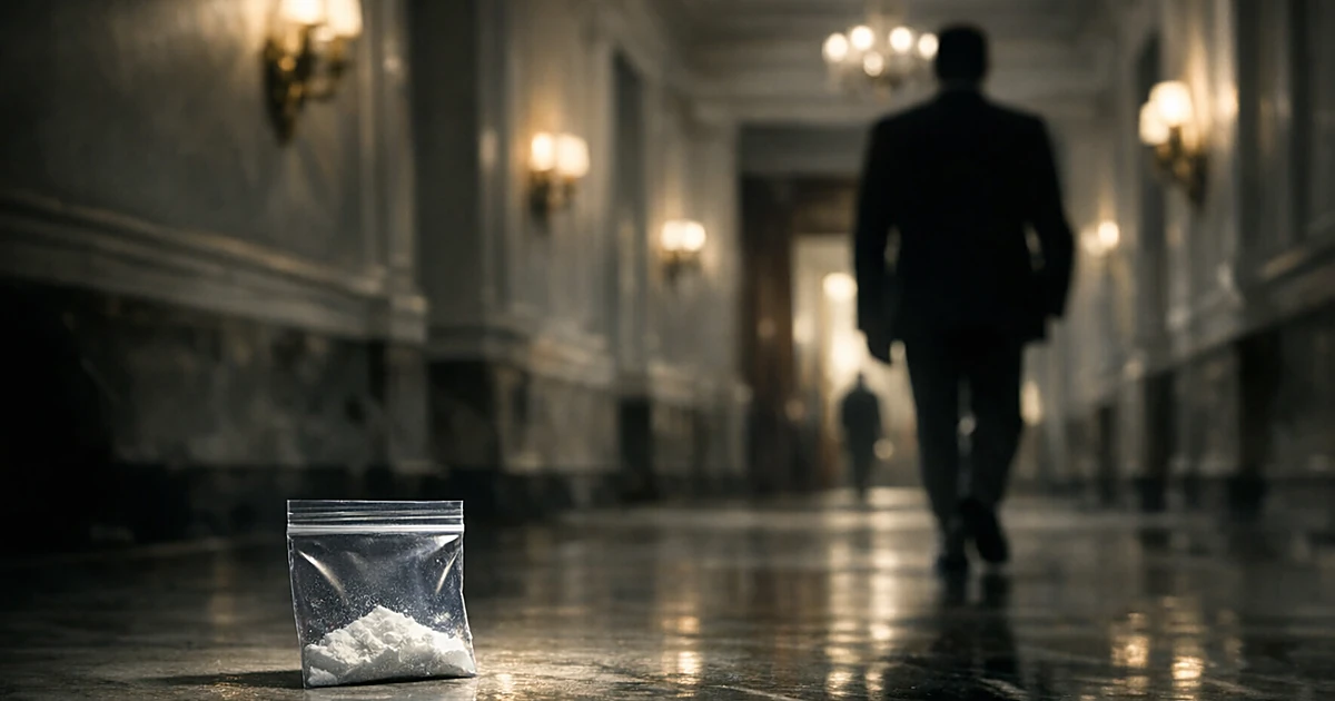 Evidence bag with white powder on White House corridor floor as silhouetted figure walks away in shadowy hallway