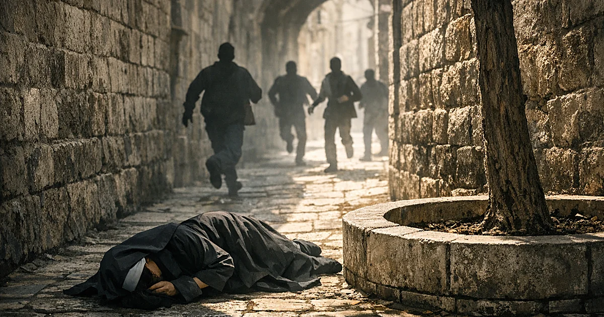 Figure in religious habit on cobblestone ground in Jerusalem alley as silhouettes approach to help