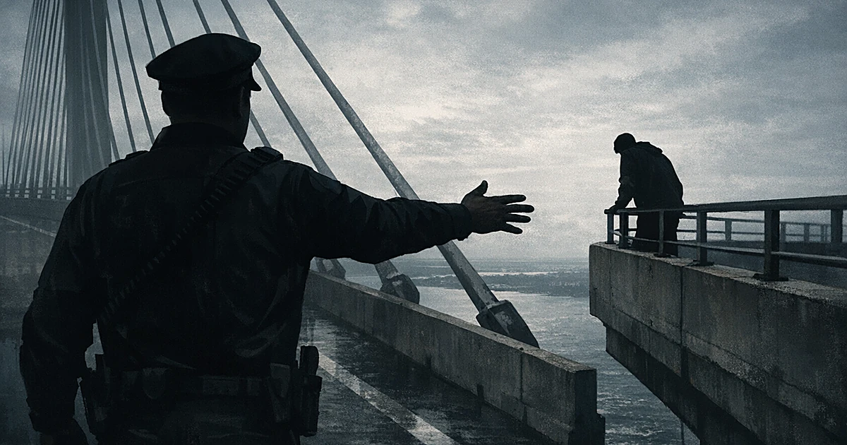 Silhouetted officer reaching toward person at bridge railing with water below