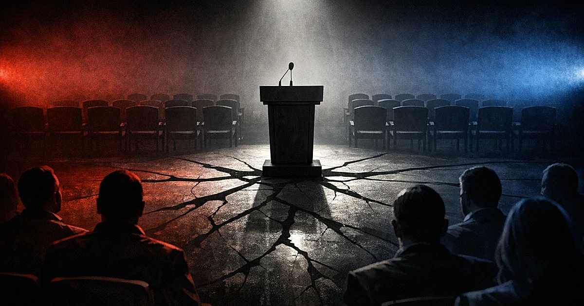 Spotlit podium on stage in divided auditorium with silhouetted audience members shown from behind