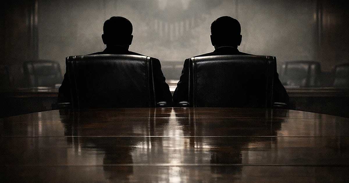 Two silhouetted figures seated side by side at the head of a boardroom table in dramatic lighting