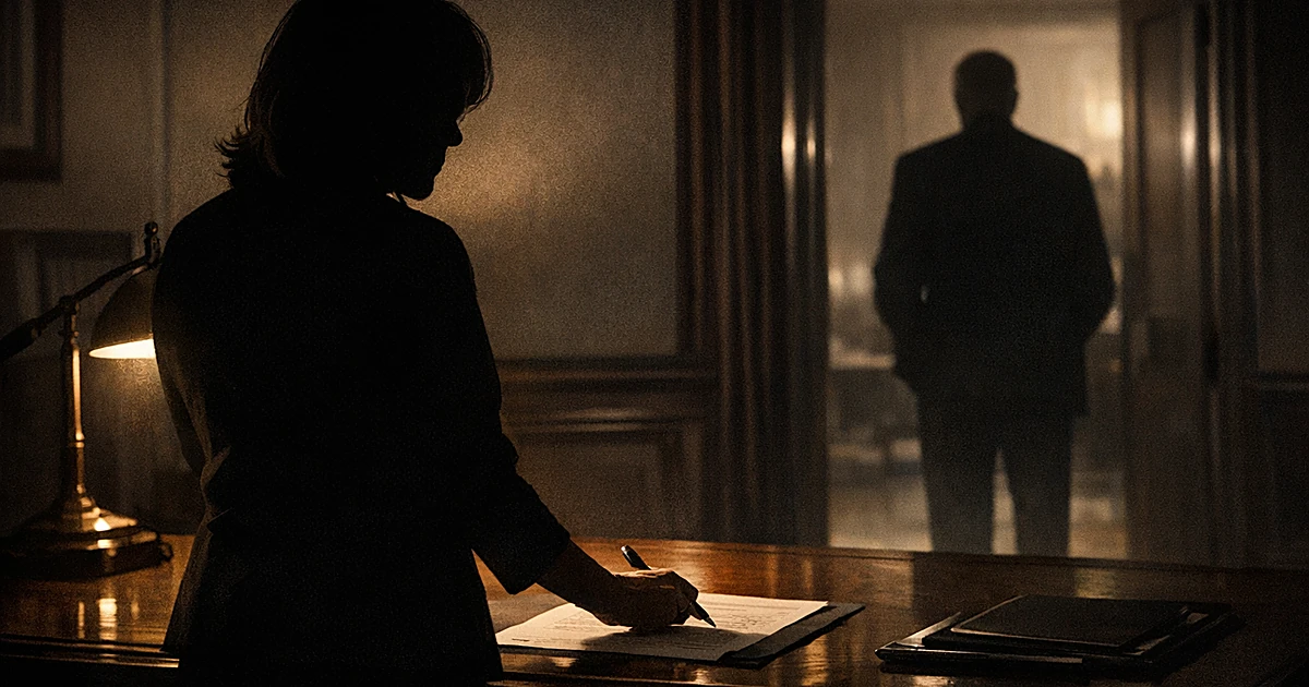 Silhouetted figure at desk signing document while another figure stands in doorway, dramatically lit by desk lamp