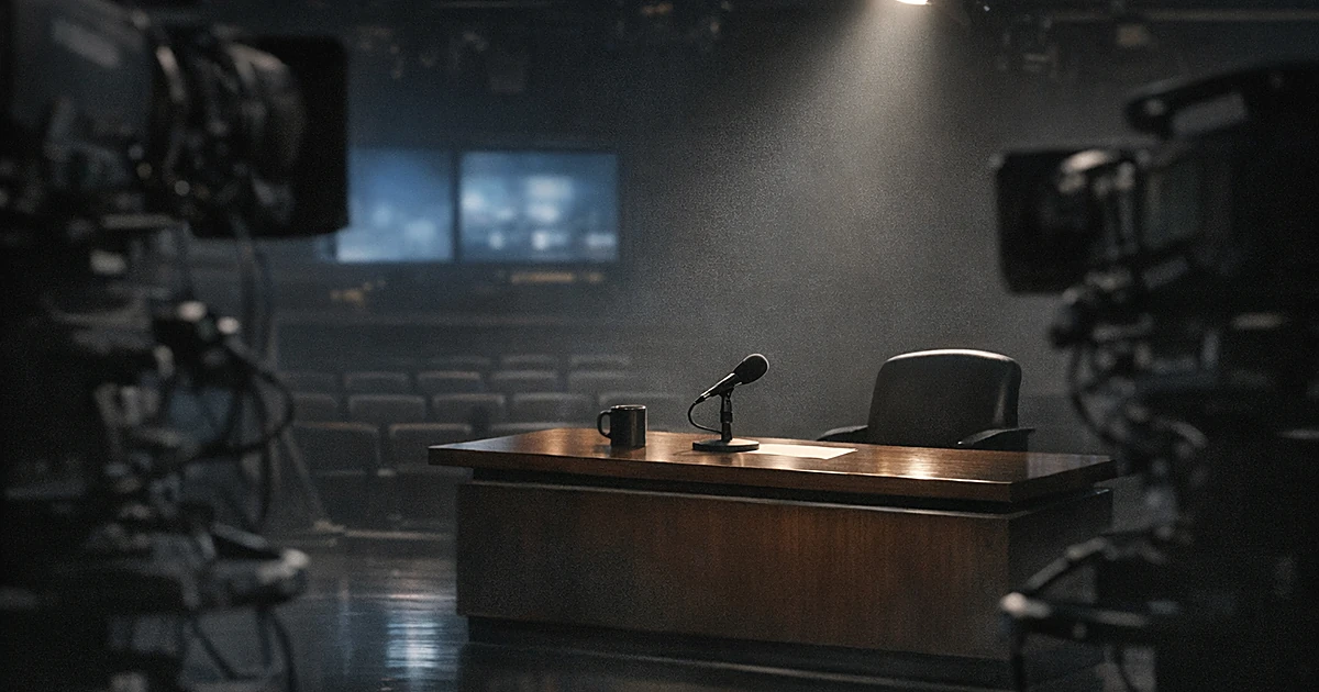 Empty late-night TV studio with illuminated desk, cameras, and darkened audience seats creating tense atmosphere