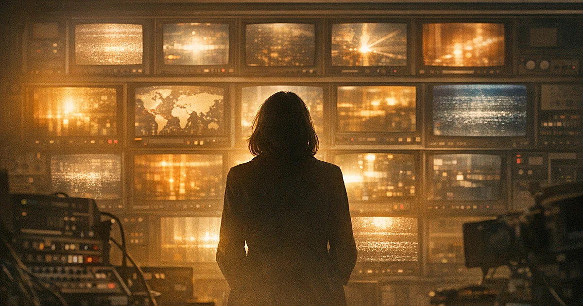 Silhouetted person facing wall of glowing television monitors in broadcasting studio with warm lighting