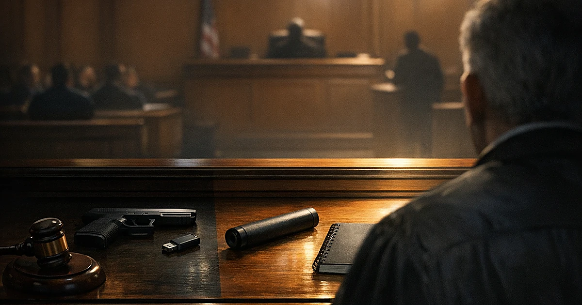 Courtroom bench with judge silhouette and evidence items including gun, silencer, USB drive and notebook in split lighting