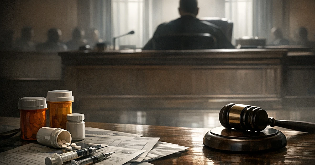 Silhouetted judge at bench with gavel and prescription bottles in foreground of courtroom