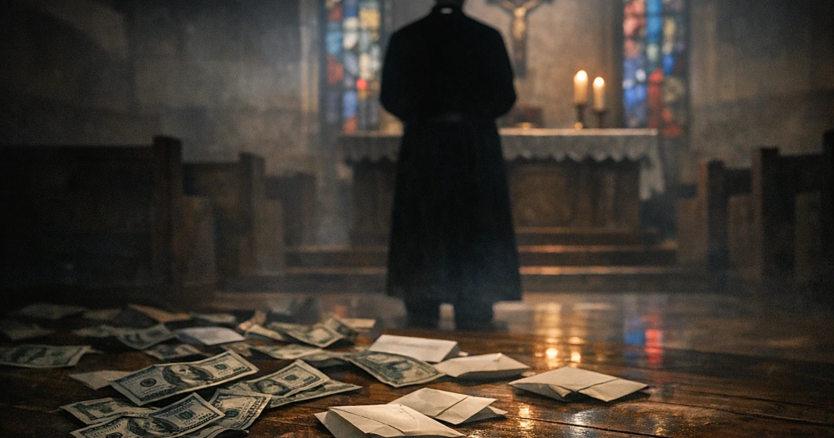 Silhouetted priest at altar with scattered money and collection envelopes on church floor in dim stained glass light