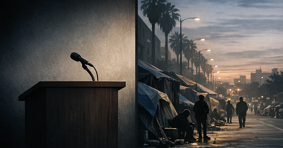 Empty podium beside sprawling homeless encampment with tents along palm-lined street at dusk