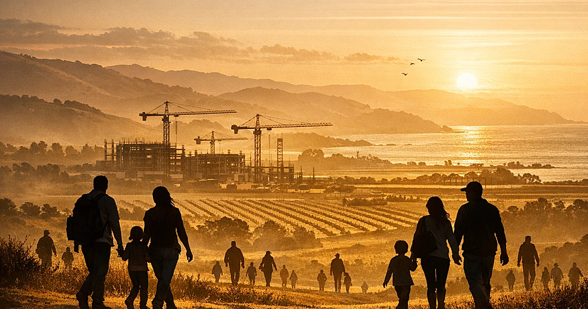 Silhouettes of people walking across California landscape with construction cranes and agricultural fields in background