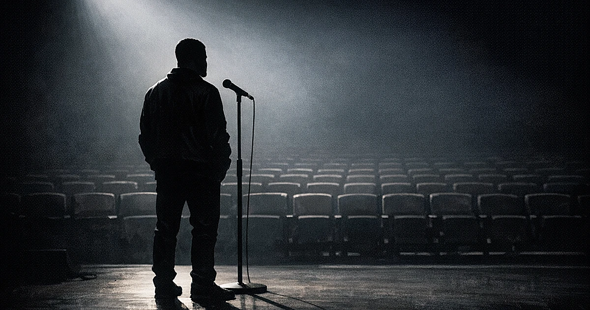 Silhouetted comedian at microphone on spotlit stage facing empty dark theater seats