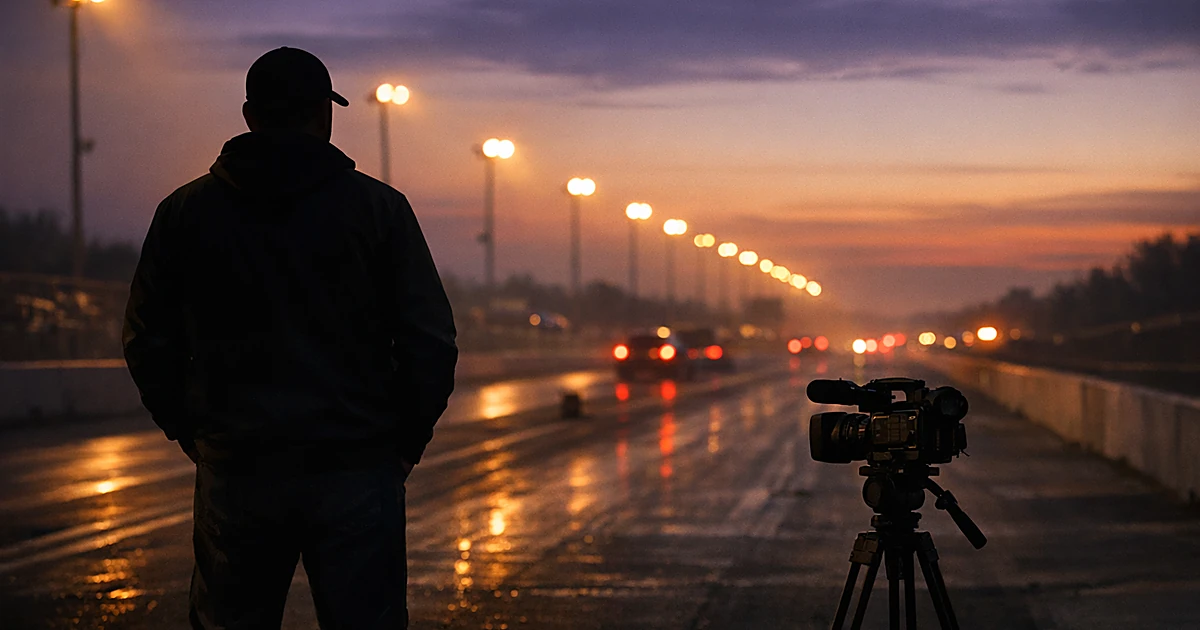 Silhouetted figure facing empty drag strip at dusk with unmanned camera on tripod beside them