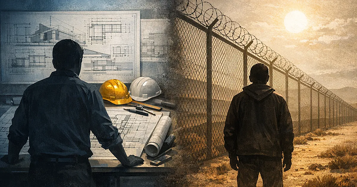 Split scene showing engineering blueprints on left and border fence in desert on right with silhouetted figures