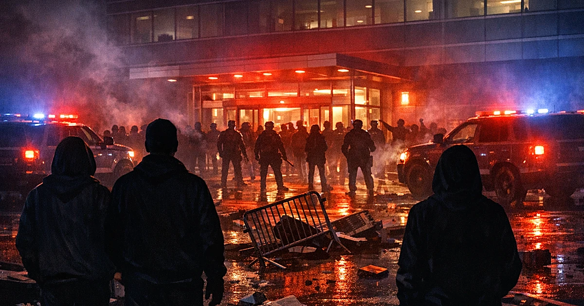 Silhouetted crowd outside hospital emergency entrance at night with police lights and scattered debris on pavement
