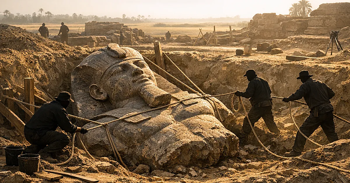 Large ancient Egyptian statue torso being excavated by silhouetted workers at archaeological site in sandy terrain