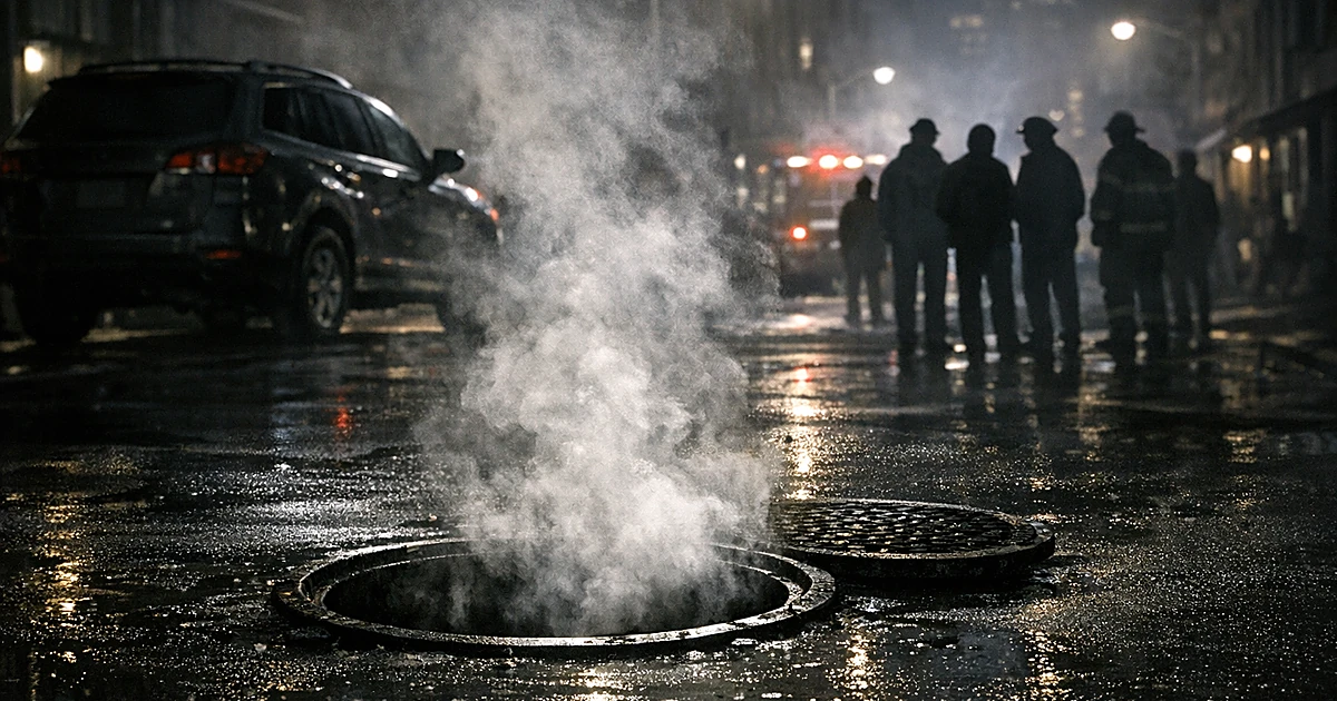 Open manhole with steam rising on dark city street at night with parked SUV and distant silhouettes of people