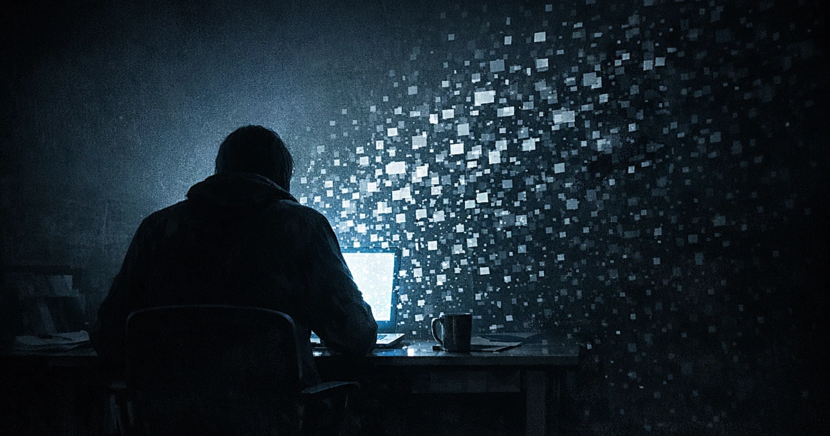 Silhouetted person at laptop deleting digital content, with fragments dissolving into darkness