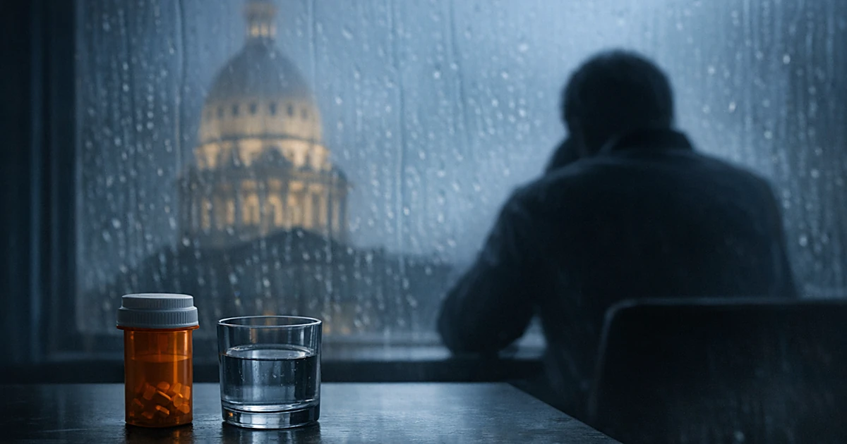 Silhouetted person at table with prescription bottle, Michigan capitol dome visible through window in background